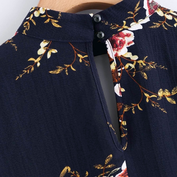 Navy Floral Bell Sleeve Keyhole Choker Blouse S - Picture 7 of 8